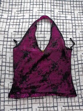 Vintage CHECK IT OUT Brand Pink Lace Sequin Halter Cami Top NWOT